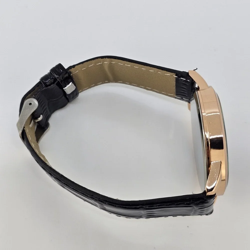 Men's Watch Analog 40MM Black Dial Black Faux Leather Bands New Battery